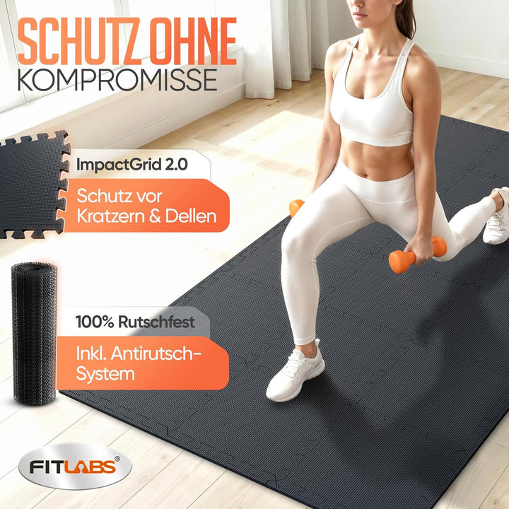Bodenschutzmatte Fitness inkl. gratis Antirutschmatte & Zipperbag - 18/36/54 Puzzlematten - 30x30x1c