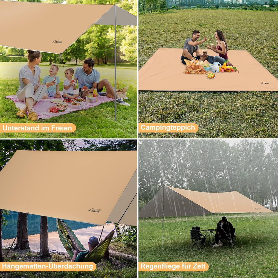 WADEO Camping Zeltplane wasserdicht 4 x 3 m, Plane Regenfliege mit Stangen Heringen Zeltspannleinen,