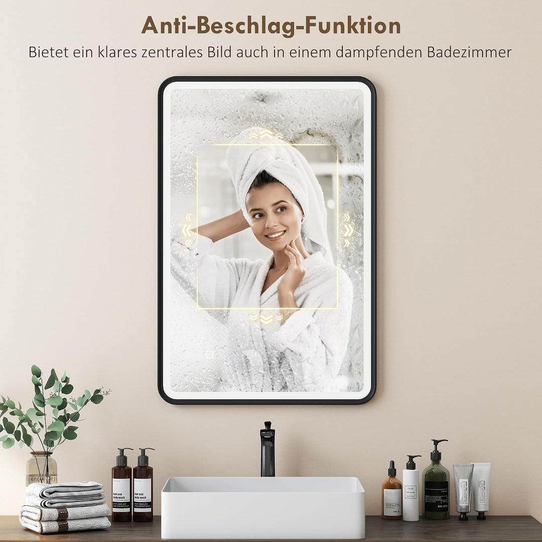 HOMCOM Badspiegel mit Beleuchtung 90x60 cm LED Spiegel mit 3 Lichtfarben Dimmbar, Hintergrundbeleuch