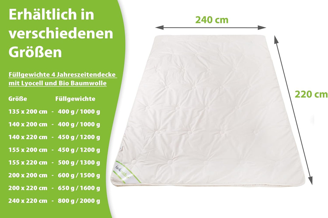 franknatur 4 Jahreszeiten Bettdecke 240x220 Lyocell Tencel Bio Baumwolle 4 Jahreszeitendecke 240 x 2