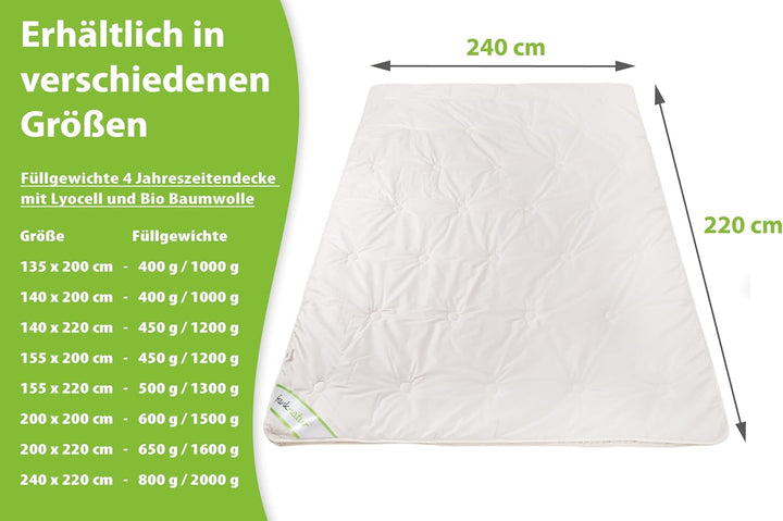 franknatur 4 Jahreszeiten Bettdecke 240x220 Lyocell Tencel Bio Baumwolle 4 Jahreszeitendecke 240 x 2