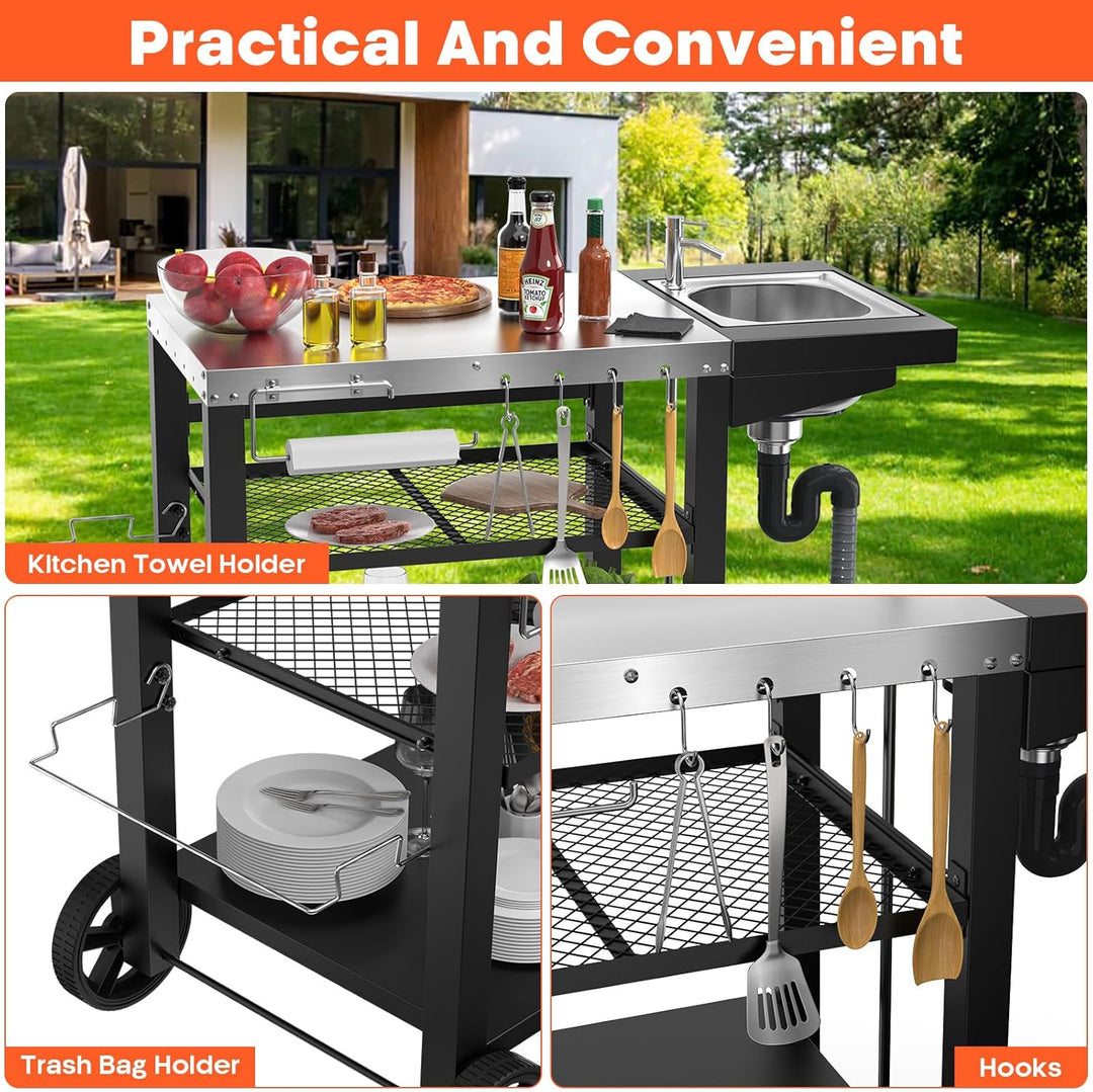 GFTIME Grillwagen 107x63x81cm, Grilltish mit Spüle für Ninja woodfire, für Pizzaöfen, grillwagen Out