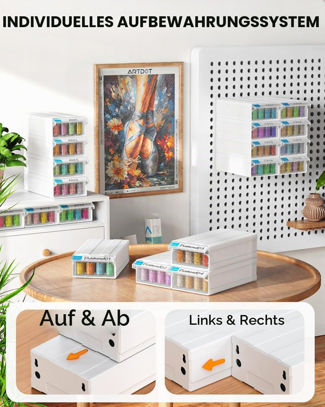 ARTDOT 4 Set Diamond Painting Aufbewahrungsbox, Stapelbare 128 Stück 5D Diamant Painting Zubehör mit