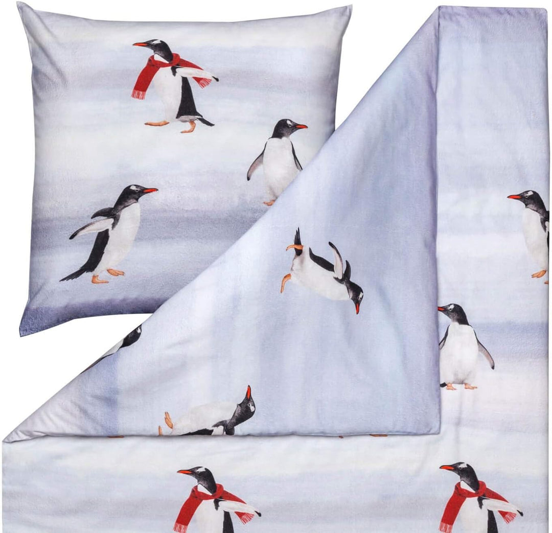 ESTELLA Kuschelflanell Bettwäsche Pingu Silber 1 Bettbezug 200 x 220 cm + 2 Kissenbezüge 80 x 80 cm,