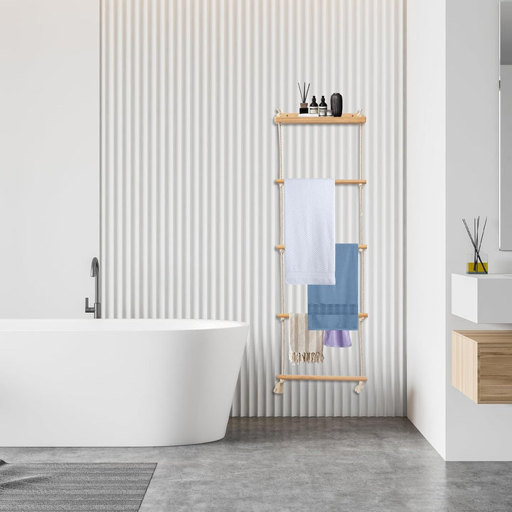 Handtuchleiter, 5-Schicht Handtuchregal Badezimmer Wand Montage Strickleiter Handtuchständer Holz mi