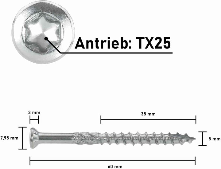 Terrassenschrauben 5 x 60 T-INOX 400 Stück Edelstahl gehärtet C1, Torx 25, inkl. Edelstahl Bit 400 S