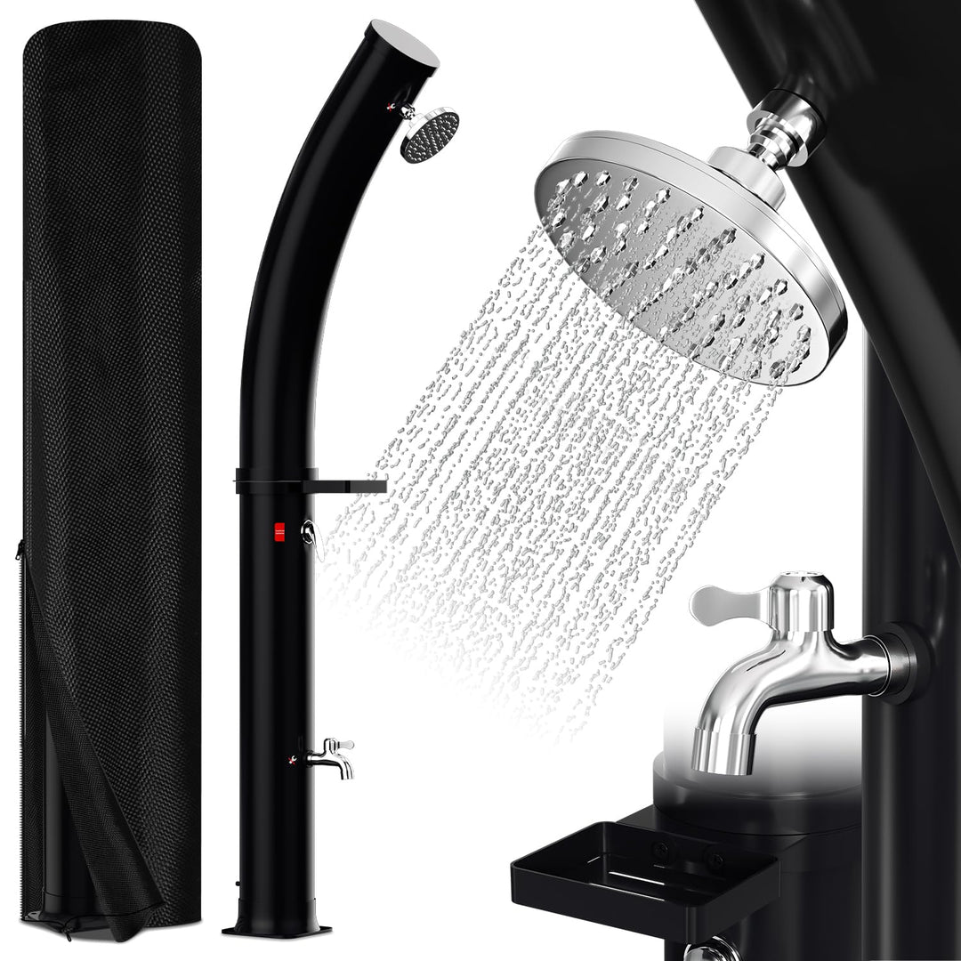 Solardusche 35L Curve Gartendusche mit 360°Regenduschkopf und Wasserhahn, Warmes Wasser Max. 60℃, oh