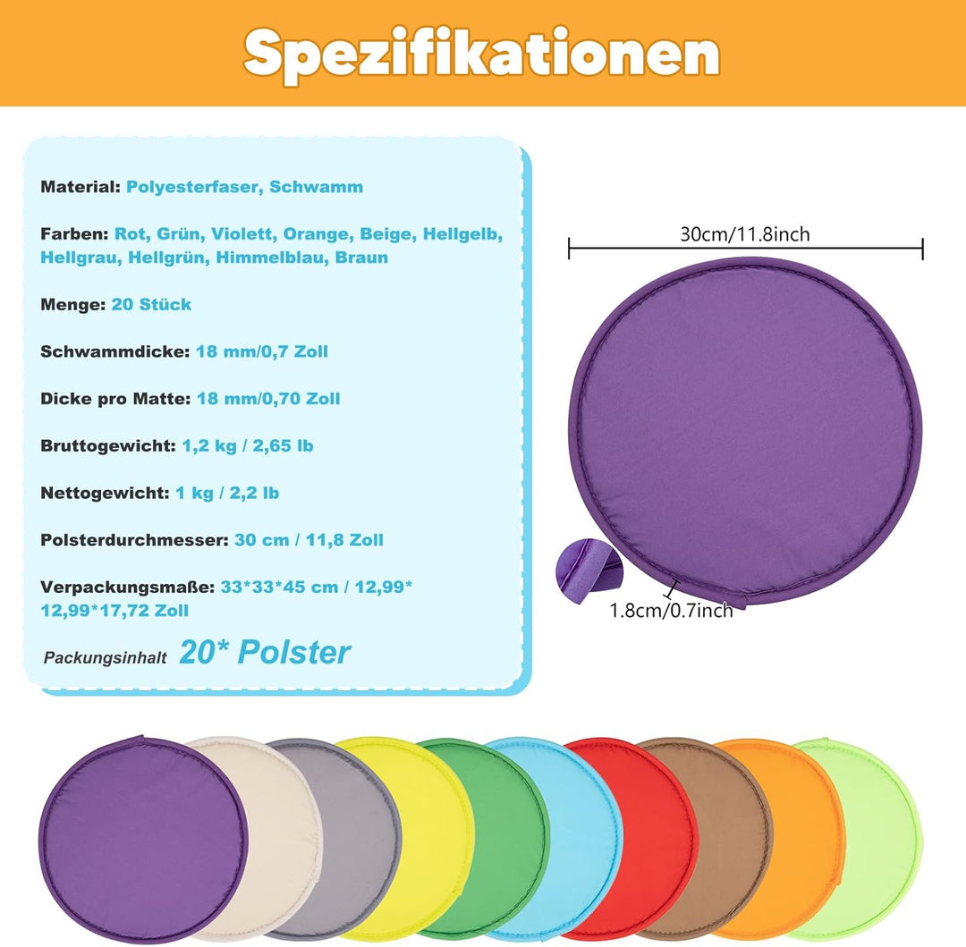 20er Set Sitzkissen Rund Schaumstoff Outdoor Kinder rutschfest Bodenkissen Sitzunterlage für Kinder,