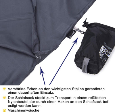 BROWINT Seidenschlafsack, Hüttenschlafsack aus 100% Naturseide, Extrabreite 220x110cm, 220x87cm, 185
