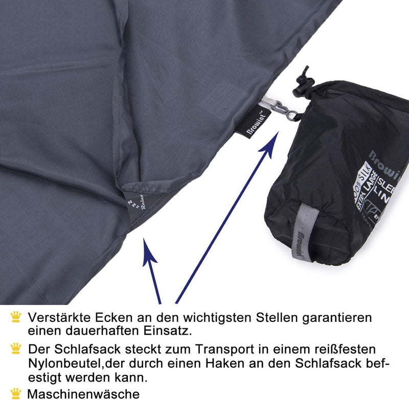 BROWINT Seidenschlafsack, Hüttenschlafsack aus 100% Naturseide, Extrabreite 220x110cm, 220x87cm, 185