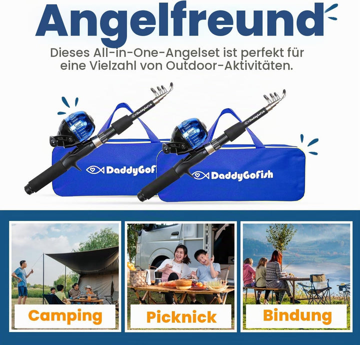 DaddyGoFish Kinder Angelset - Teleskoprute &amp; Rolle Combo mit Klappstuhl, Rutenhalter, Tackle Box, Kö
