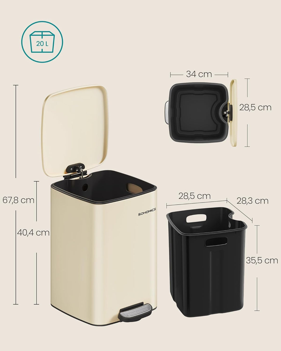 SONGMICS Mülleimer Küche, 20 Liter Abfalleimer, Tretmülleimer, Stahl, mit Inneneimer, Softclose, Off