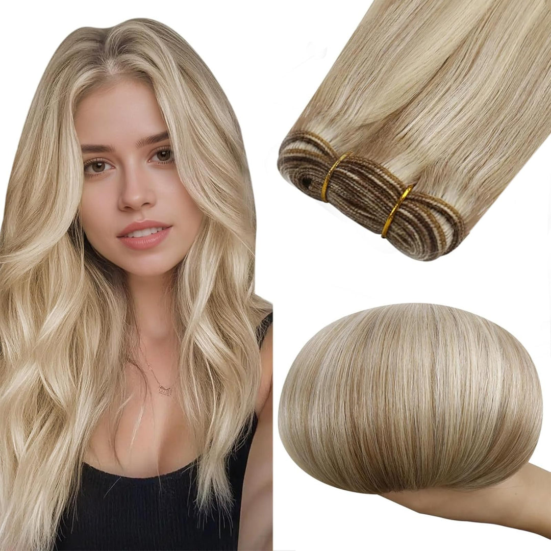 RUNATURE Blond Haartressen Echthaar Exensions Aschbraun mit Platinblond Tressen Echthaar Zum Einnähe