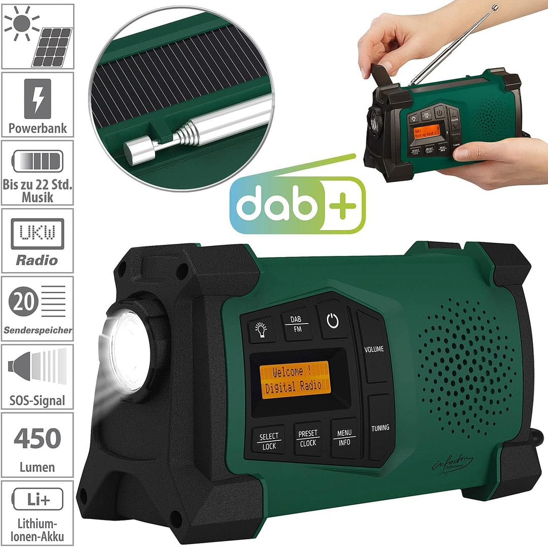 infactory Baustellenradio: Mobiles Kurbelradio mit DAB+, EWF-Funktion, Solarpanel, LED, USB (Dynamo