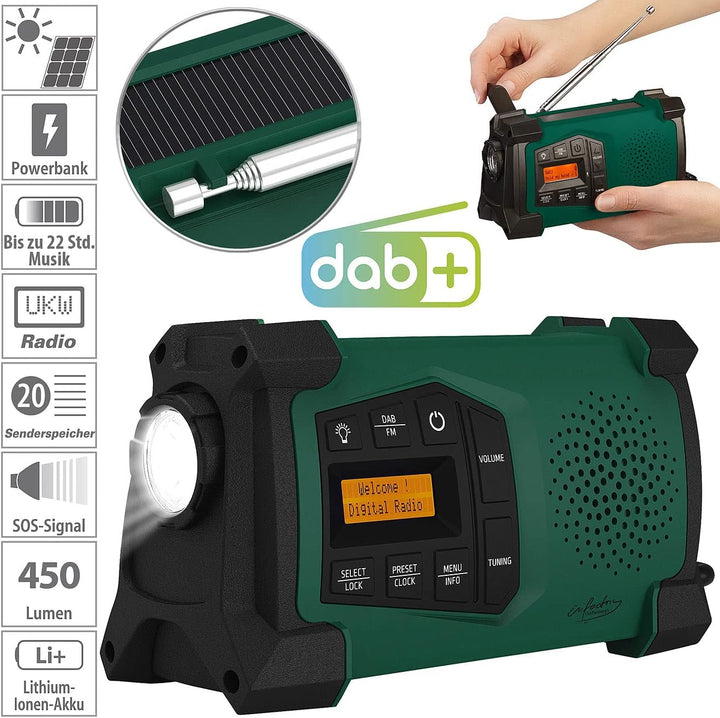 infactory Baustellenradio: Mobiles Kurbelradio mit DAB+, EWF-Funktion, Solarpanel, LED, USB (Dynamo