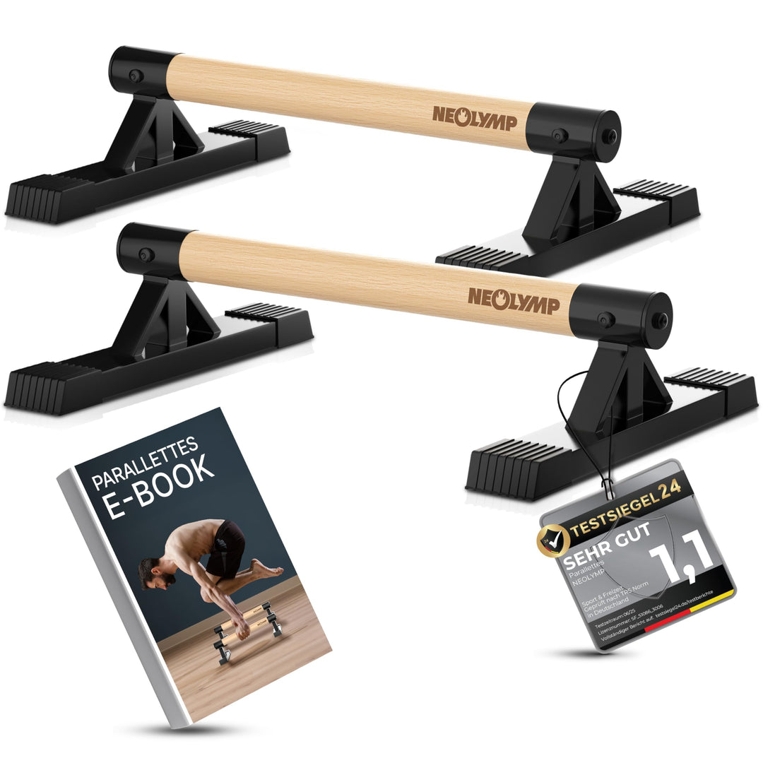 NEOLYMP 2er Set handgelenkschonende Holz Liegestützgriffe mit Calisthenics-Übungen - handgefertigten