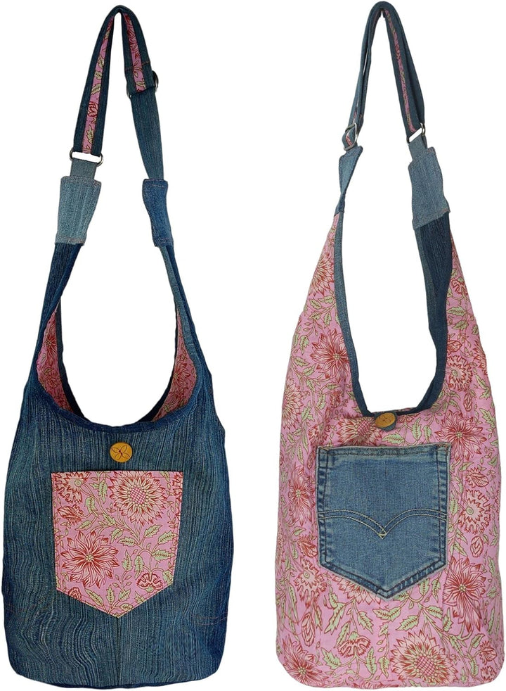 Sunsa Damen nachhaltige Hobo Tasche. Umhängetasche aus recycelte Jeans & Baumwolle. Boho Blumig Cros