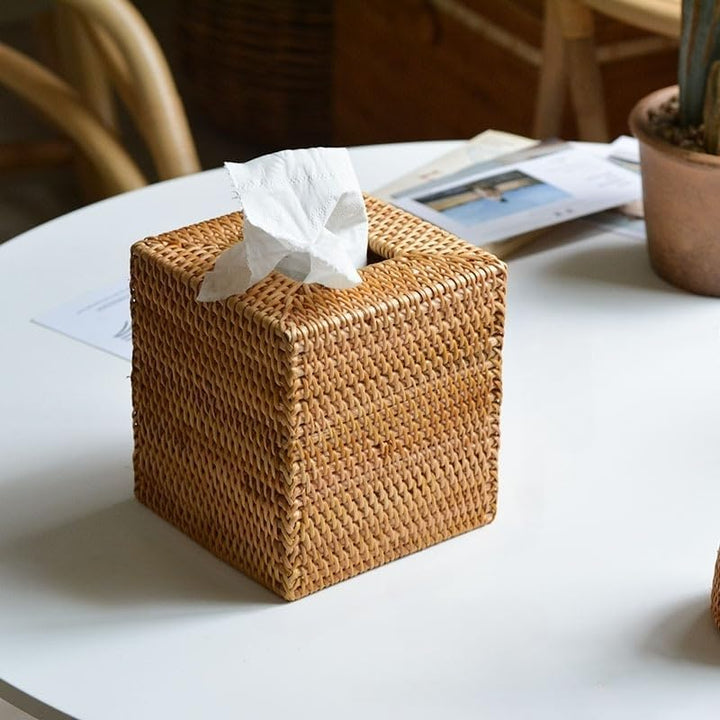 Kosmetiktücherbox aus Rattan, Quadratische Geflochtener Tücherbox Halter, Gewebter Gesichtstuchhalte