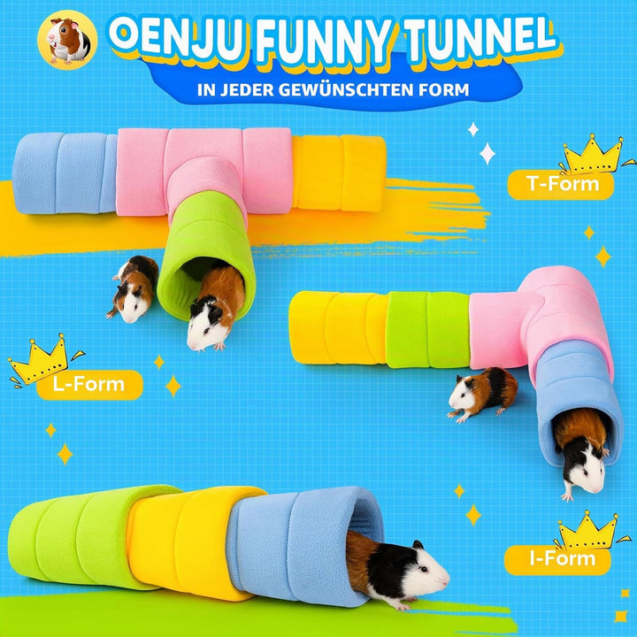 ONEJU Meerschweinchentunnel, Vier stapelbare Tunnel für Meerschweinchen, 1 rosa Meerschweinchen 3-We