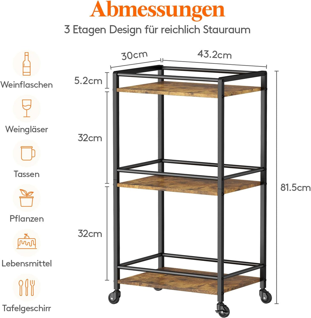 Lifewit Servierwagen mit Rollen, 3-stöckiger rollender Küchenwagen, Küchenregal Rackwagen Barwagen m