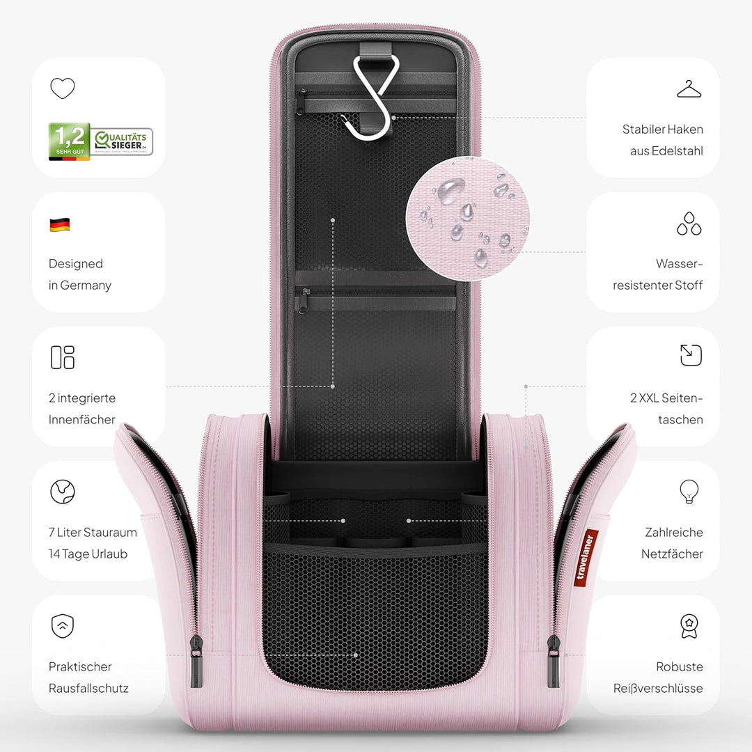 Travelaner Kulturbeutel zum Aufhängen, Damen/Herren, 7L, Rosa | Grosse Kulturtasche mit Haken: Kosme