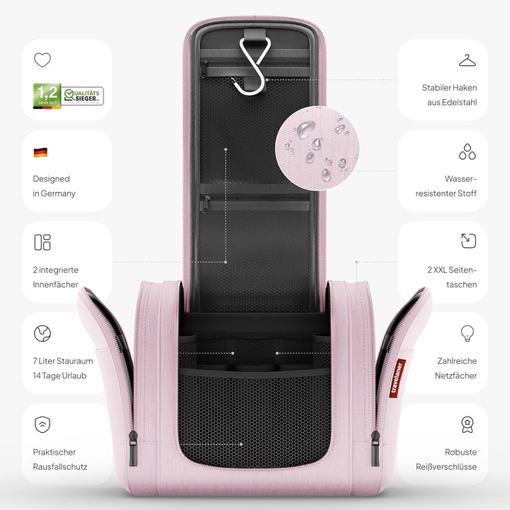 Travelaner Kulturbeutel zum Aufhängen, Damen/Herren, 7L, Rosa | Grosse Kulturtasche mit Haken: Kosme