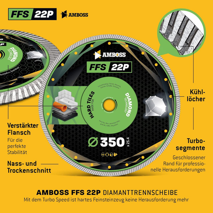 Amboss FFS 22 - Diamant-Trennscheibe Ø 350 mm x 25,4 mm - Hartes Feinsteinzeug (bis 1,2 cm) / harte