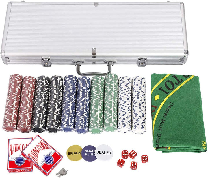 DREAMADE Ultimate Pokerset mit 500 Chips/ 2 Poker Set/ 5 Würfel/Koffer/Spieltuch/ 5 Dealer Buttons,
