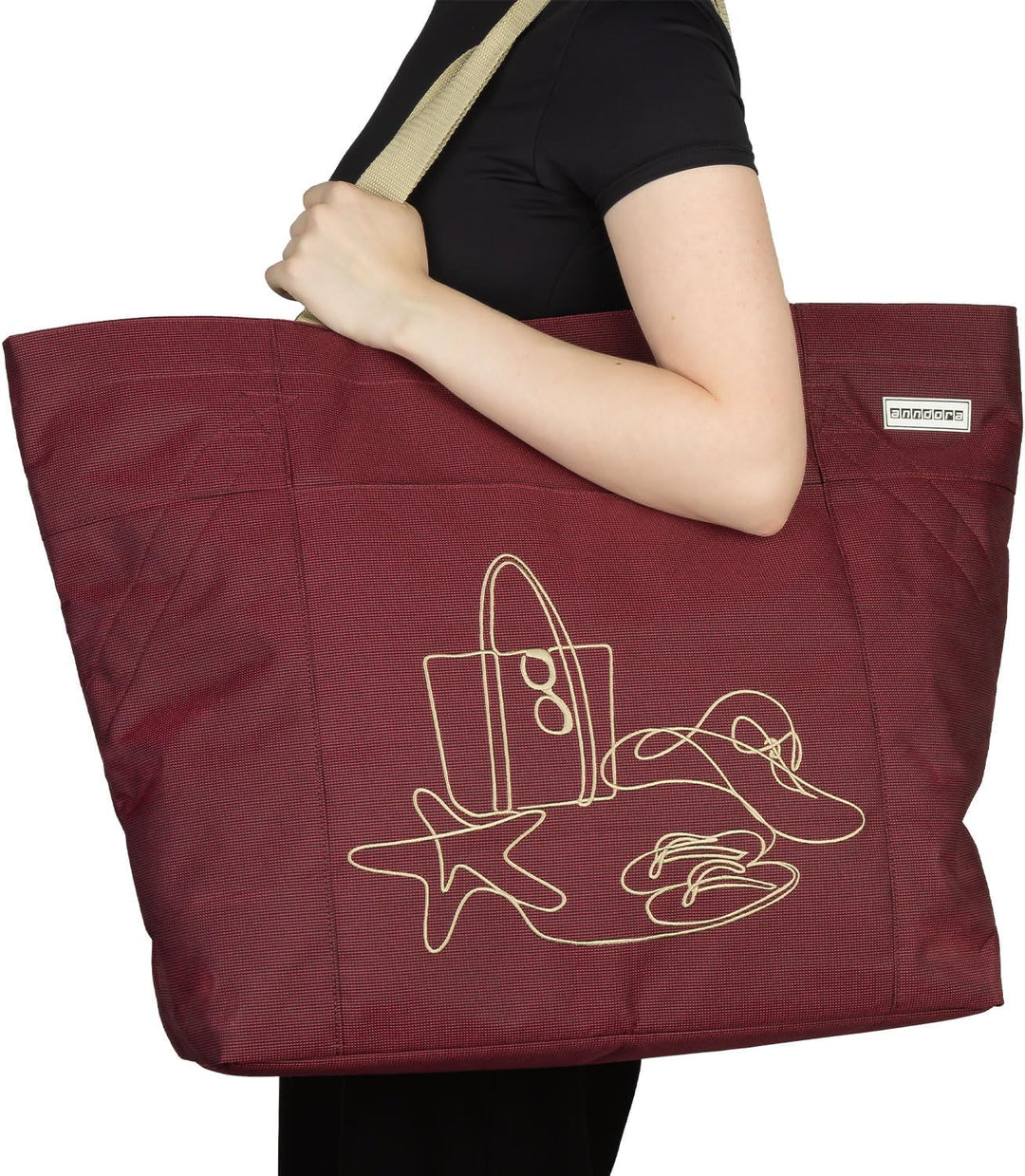 anndora XXL Strandtasche RUBY RED - Strandtasche 40 Liter Schultertasche Einkaufstasche weinrot best
