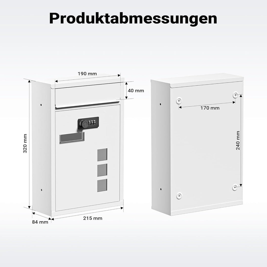 Wiltec Briefkasten weiss 215x320x90mm Briefkasten mit Zahlenschloss, Namensschild und Sichtfenster P
