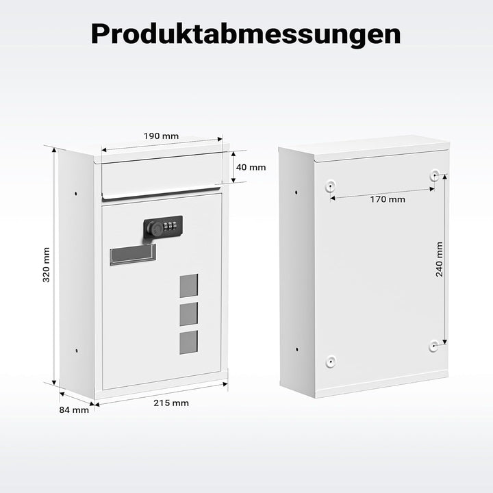Wiltec Briefkasten weiss 215x320x90mm Briefkasten mit Zahlenschloss, Namensschild und Sichtfenster P