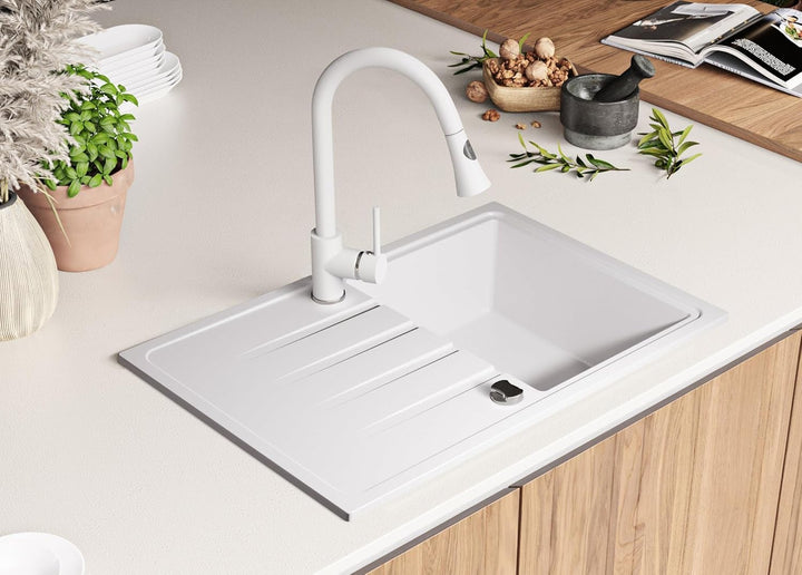 PRIMAGRAN Granitspüle Weiss 78x50cm, Granitspüle 1 Becken + Ablauf-Set, Küchenspüle ab 45er Untersch