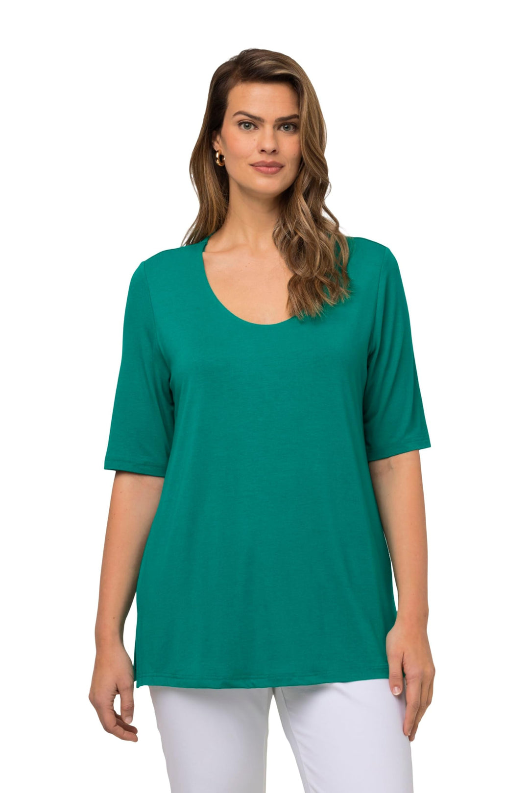 Ulla Popken Damen T-Shirt, vorne doppellagig, V-Ausschnitt, Halbarm 42-44 Grün, 42-44 Grün