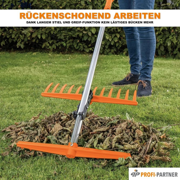 Greif-Rechen mit langem Stiel, Laubrechen mit Greiffunktion, Fächerbesen, Gartengerät zum Laub entfe