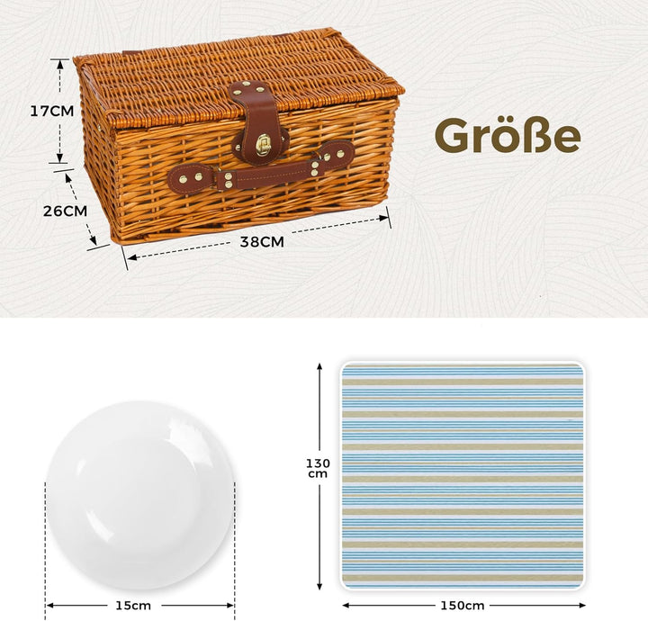 Picknickkorb Set für 2 Person mit Kühlfach und wasserdichte Picknickdecke, Abnehmbarer Riemen, Weinb