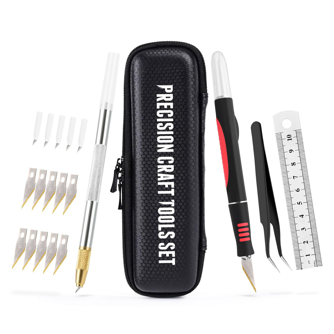 EHDIS Bastelmesser Set - Skalpell mit Softgriff inklusive, 360° Präzisionsmesser, Stahllineal, 15 Er