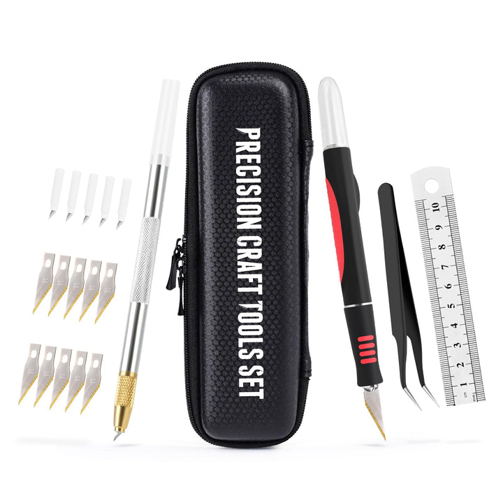 EHDIS Bastelmesser Set - Skalpell mit Softgriff inklusive, 360° Präzisionsmesser, Stahllineal, 15 Er