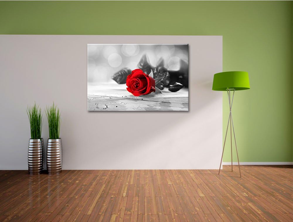 schöne Rose auf altem Holztisch schwarz/weiss Format: 100x70 auf Leinwand, XXL riesige Bilder fertig