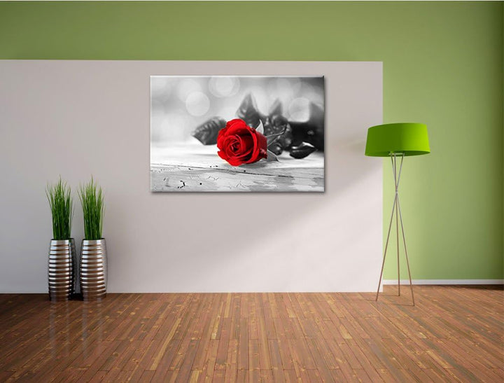 schöne Rose auf altem Holztisch schwarz/weiss Format: 100x70 auf Leinwand, XXL riesige Bilder fertig