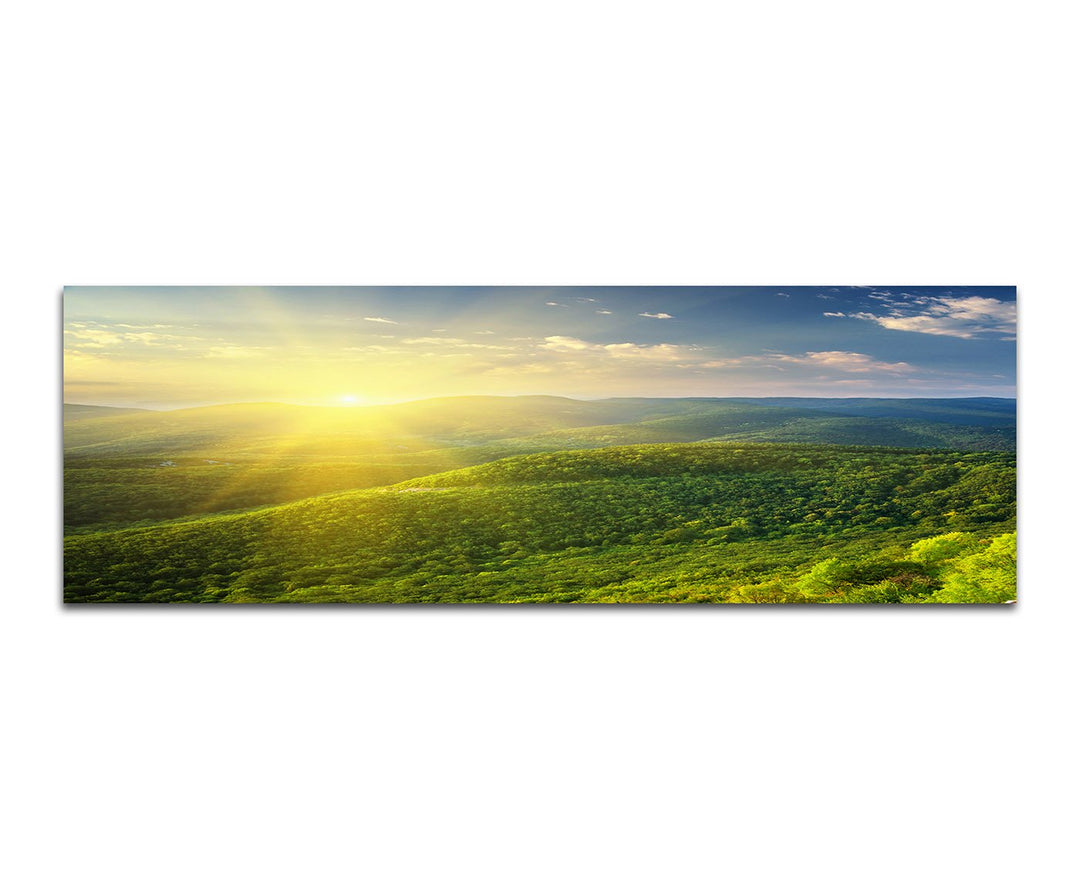 Paul Sinus Art Panoramabild auf Leinwand und Keilrahmen 150x50cm Landschaft Berge Wiesen Sonnenaufga