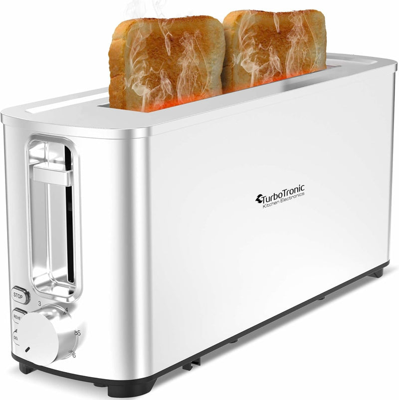 TurboTronic TT-BF14 Edelstahl Toaster mit extra langem Brot-Schlitz Brötchenaufsatz, Krümelschublade