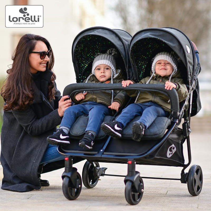 Lorelli Zwillingskinderwagen Duo, Zwillingsbuggy klein faltbar für 2 Kinder, sehr leicht, Zwillingsw