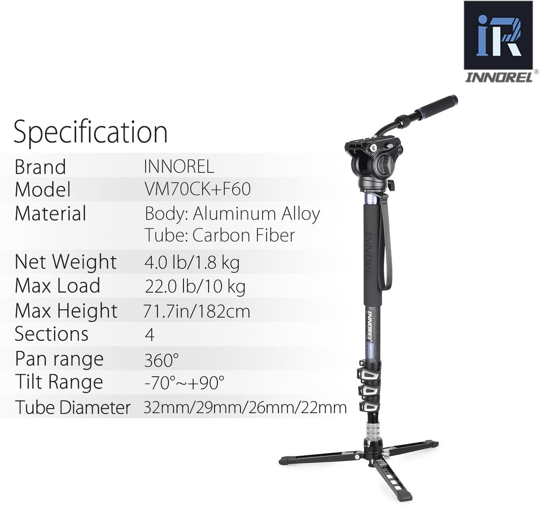 Kamera Einbeinstativ Kit, INNOREL VM70CK, Kohlefaser Video Einbeinstativ Bein mit F60 Fluidkopf und