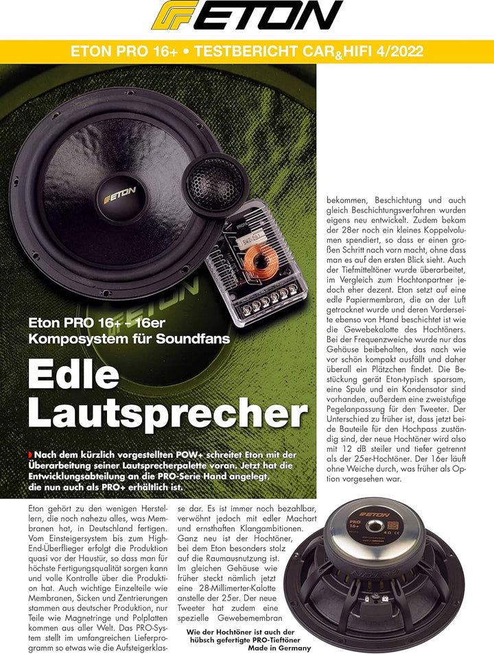 ETON PRO 16+ – High End 16,5 cm / 6,5 Zoll 2-Wege Komponenten System, Auto Lautsprecher Made in Germ
