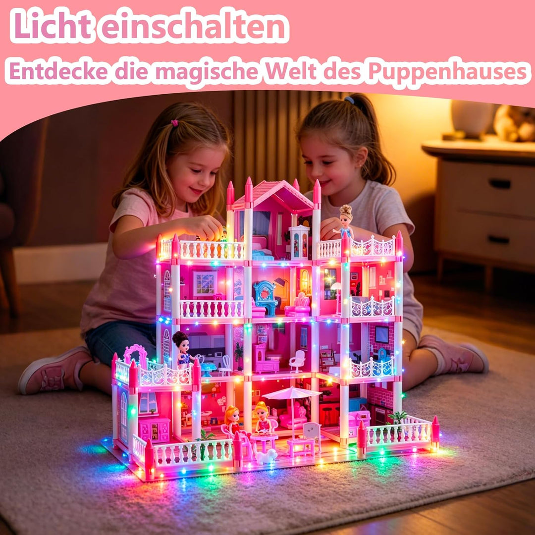 Grosses Puppenhaus für Mädchen von 3–12 Jahren, 11 Zimmer, Puppenhaus mit Beleuchtung, Spielmatte, P