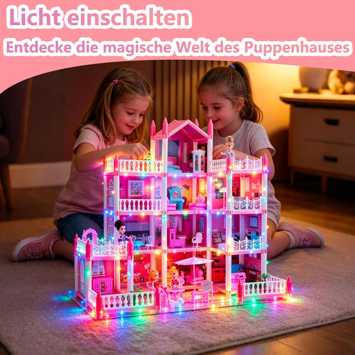 Grosses Puppenhaus für Mädchen von 3–12 Jahren, 11 Zimmer, Puppenhaus mit Beleuchtung, Spielmatte, P
