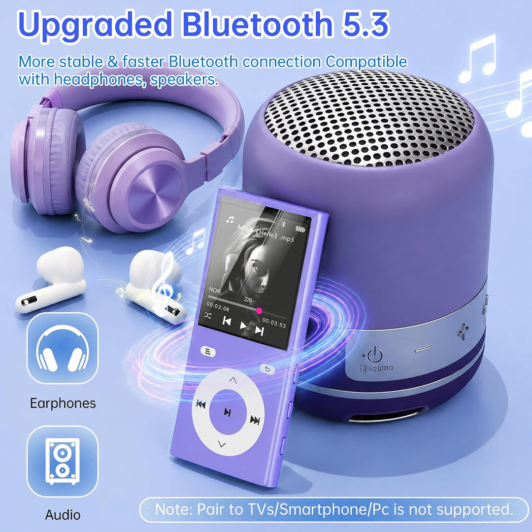 90GB MP3 Player Bluetooth 5.3, Musik Player 2 TF-Kartensteckplätzen Lila, Lila