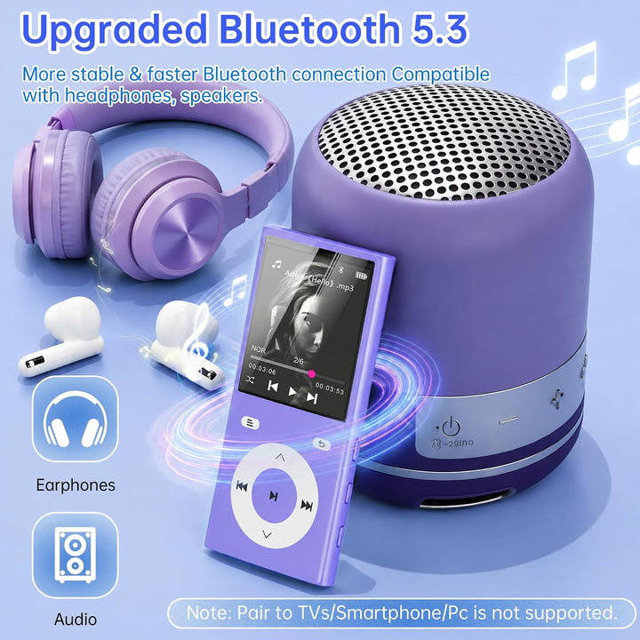 90GB MP3 Player Bluetooth 5.3, Musik Player 2 TF-Kartensteckplätzen Lila, Lila