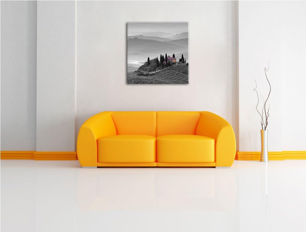 Pixxprint schöne Toskana Landschaft schwarz/weiss, Format: 70x70 auf Leinwand, 70x70