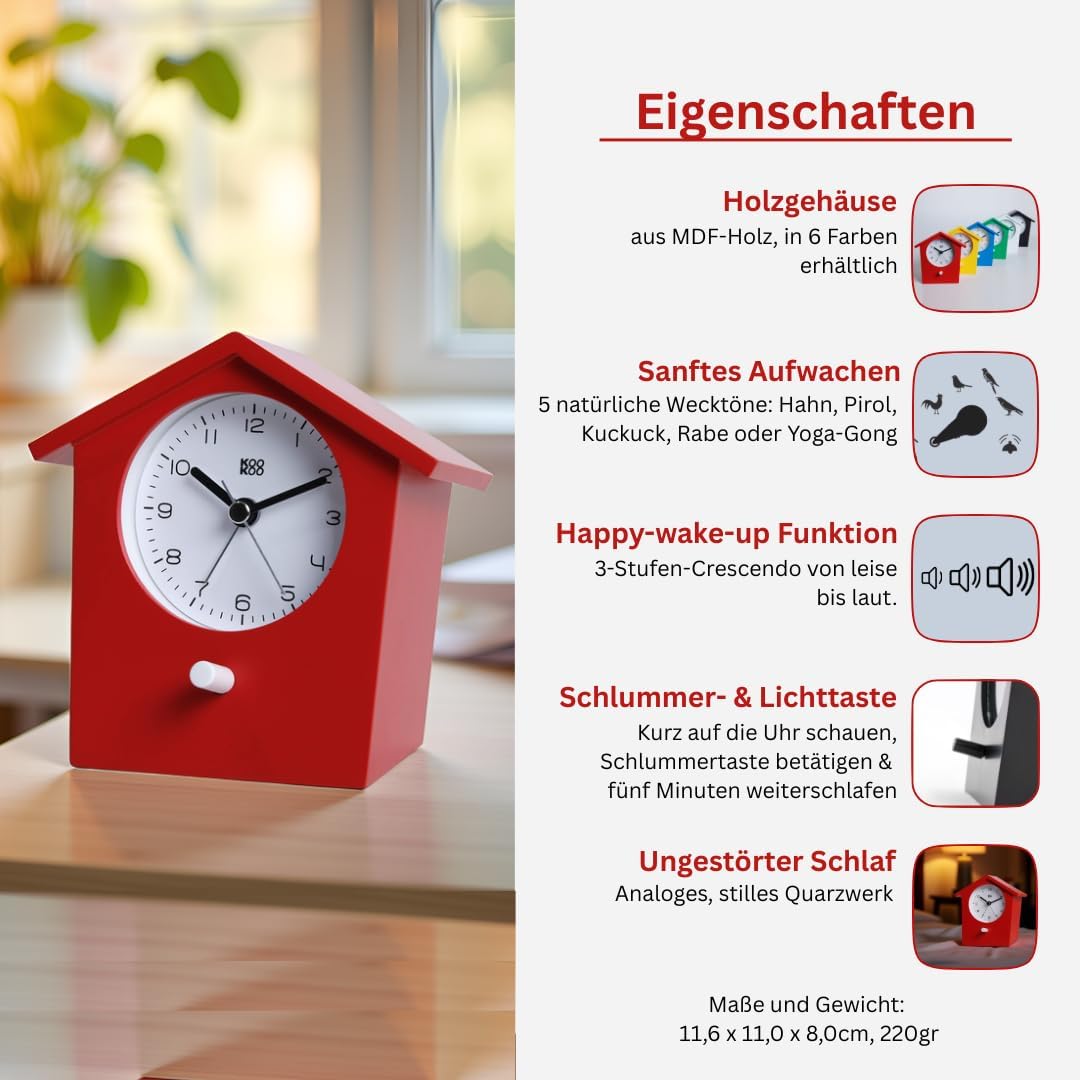 KOOKOO EarlyBird Rot, Wecker mit Vogelmelodie (Originalaufnahme) oder Dreiklangton